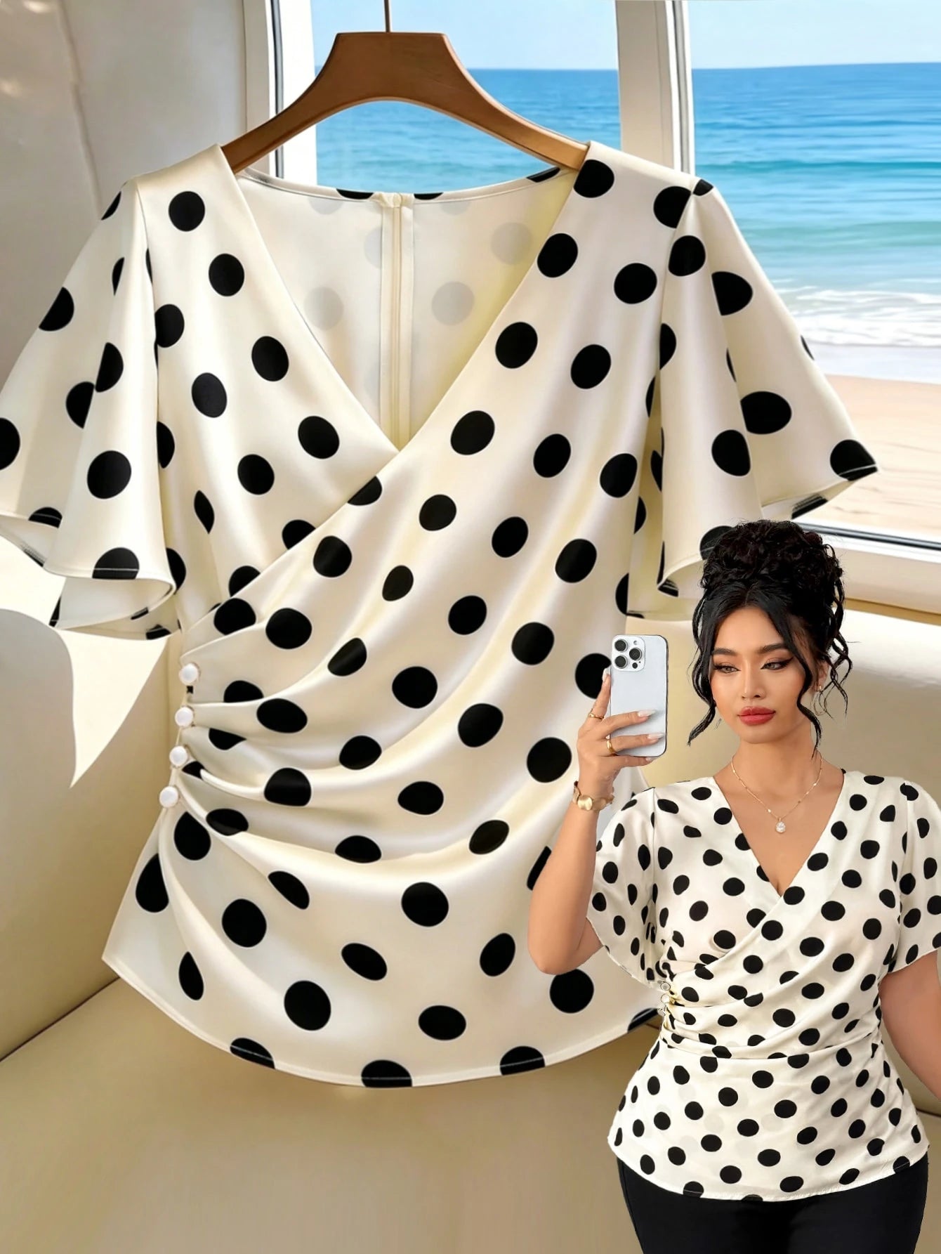 Elenzga Plus Size Women's Shirt, Black And White Polka Dot Elegant V-Neck Short Sleeve Cross Wrap Ruched Side Button Decor Blouse, Summer Vacation Tea Party Casual Beach Holiday Top