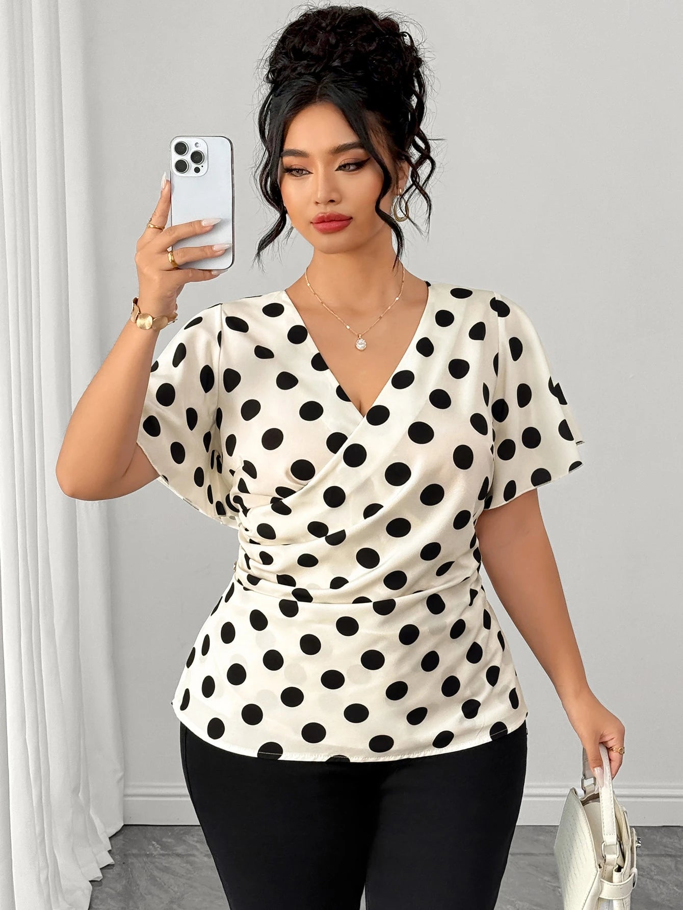 Elenzga Plus Size Women's Shirt, Black And White Polka Dot Elegant V-Neck Short Sleeve Cross Wrap Ruched Side Button Decor Blouse, Summer Vacation Tea Party Casual Beach Holiday Top