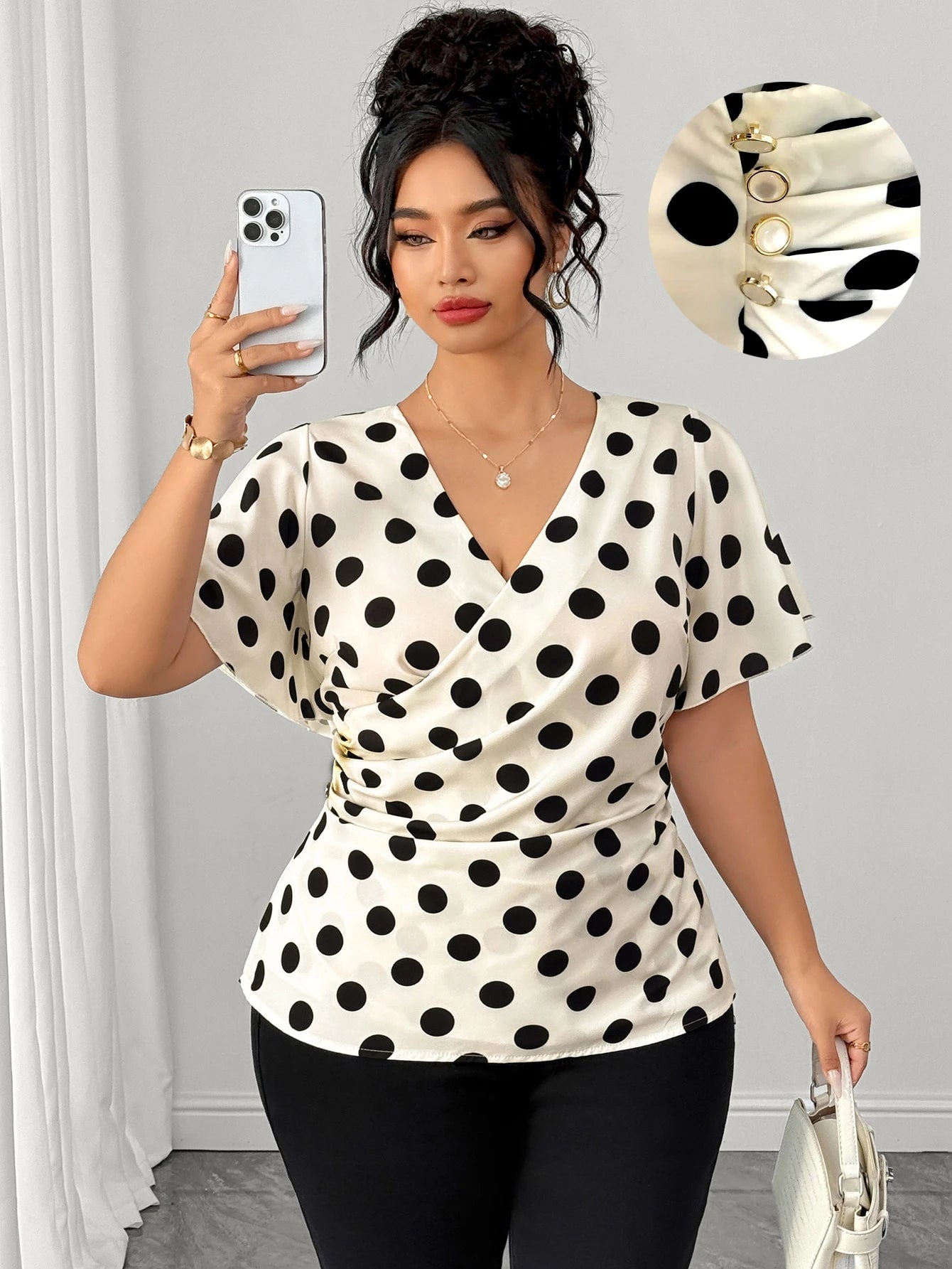 Elenzga Plus Size Women's Shirt, Black And White Polka Dot Elegant V-Neck Short Sleeve Cross Wrap Ruched Side Button Decor Blouse, Summer Vacation Tea Party Casual Beach Holiday Top