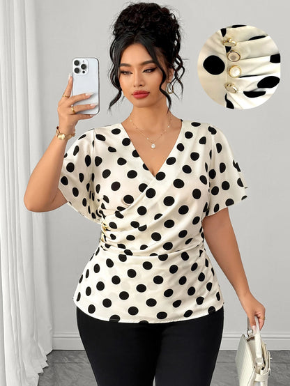 Elenzga Plus Size Women's Shirt, Black And White Polka Dot Elegant V-Neck Short Sleeve Cross Wrap Ruched Side Button Decor Blouse, Summer Vacation Tea Party Casual Beach Holiday Top