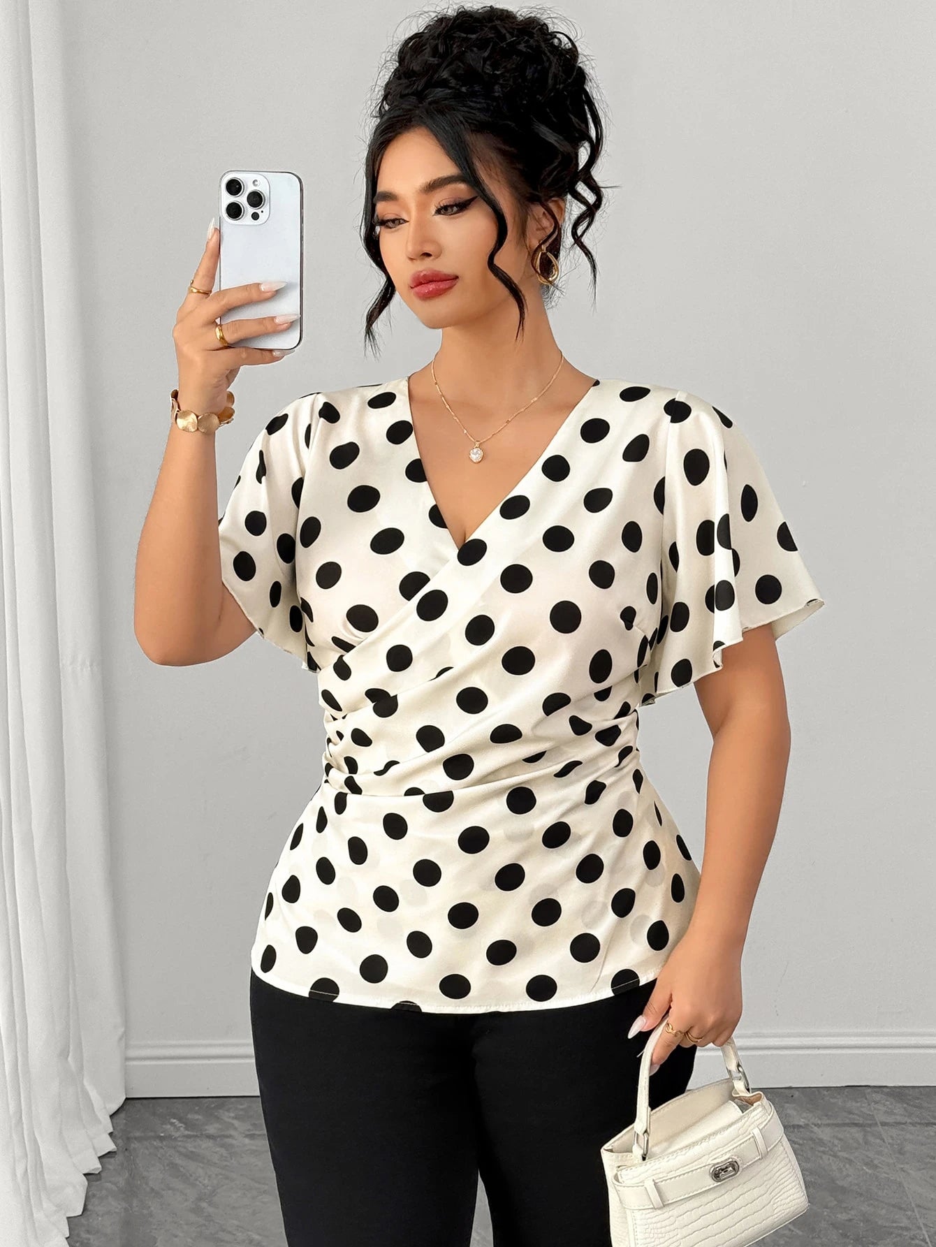 Elenzga Plus Size Women's Shirt, Black And White Polka Dot Elegant V-Neck Short Sleeve Cross Wrap Ruched Side Button Decor Blouse, Summer Vacation Tea Party Casual Beach Holiday Top