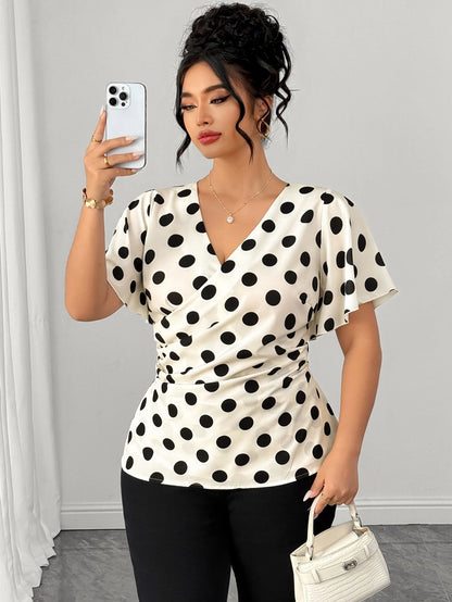 Elenzga Plus Size Women's Shirt, Black And White Polka Dot Elegant V-Neck Short Sleeve Cross Wrap Ruched Side Button Decor Blouse, Summer Vacation Tea Party Casual Beach Holiday Top