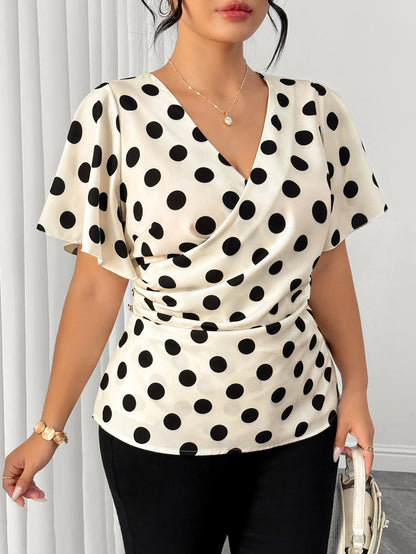 Elenzga Plus Size Women's Shirt, Black And White Polka Dot Elegant V-Neck Short Sleeve Cross Wrap Ruched Side Button Decor Blouse, Summer Vacation Tea Party Casual Beach Holiday Top