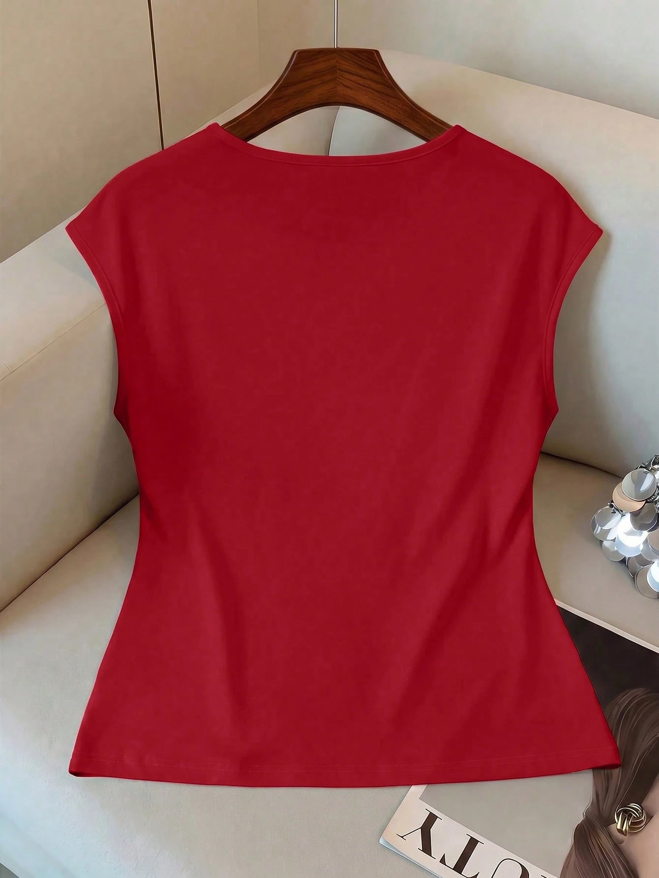 Elenzga Plus Size Women's Solid Color Draped Neck Pleated Sleeveless Casual T-Shirt Summer