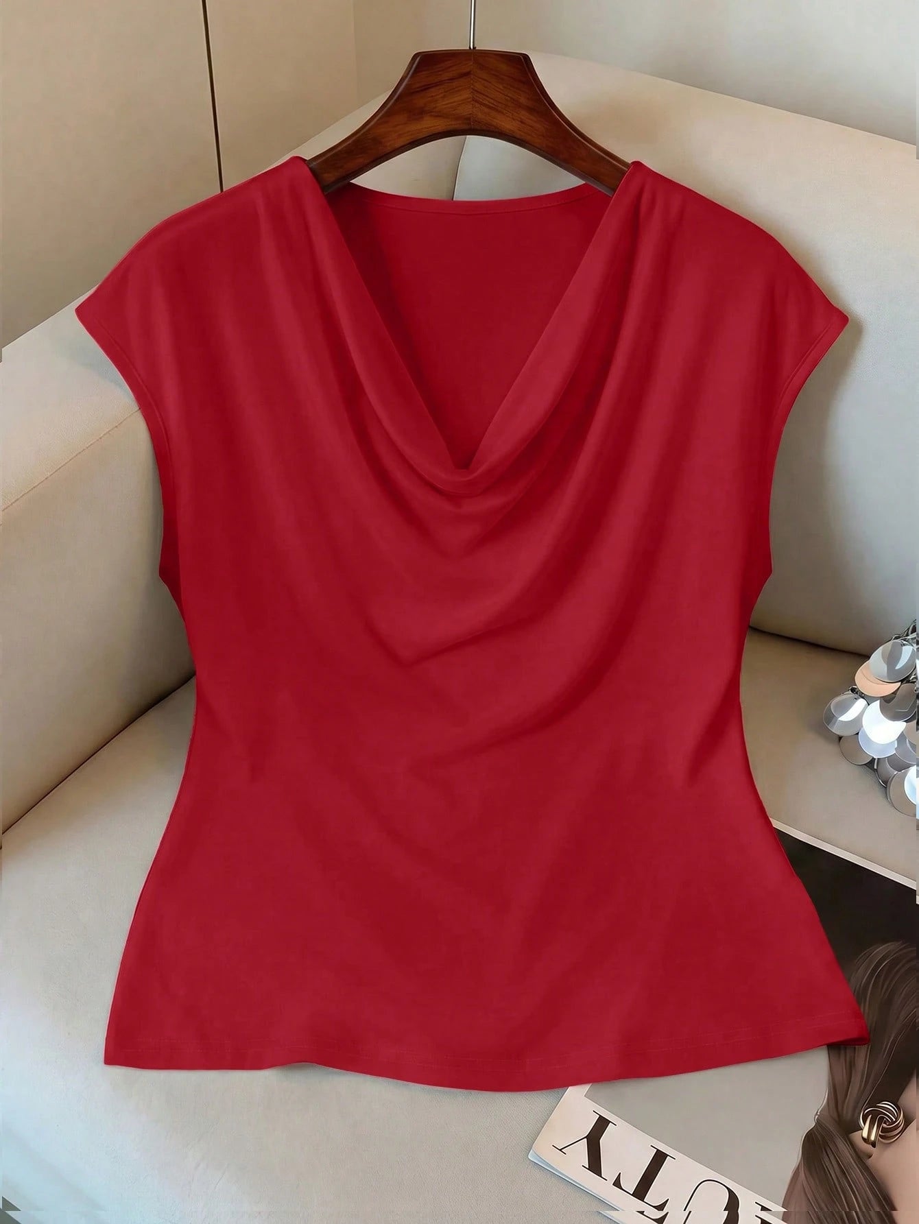 Elenzga Plus Size Women's Solid Color Draped Neck Pleated Sleeveless Casual T-Shirt Summer