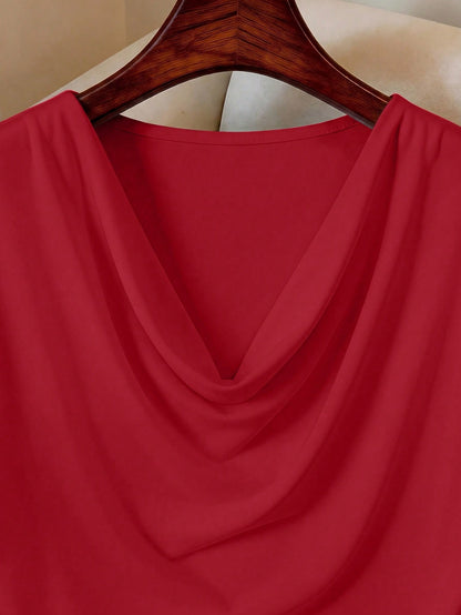 Elenzga Plus Size Women's Solid Color Draped Neck Pleated Sleeveless Casual T-Shirt Summer