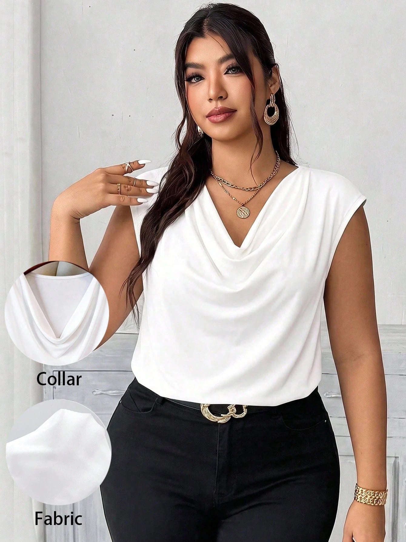 Elenzga Plus Size Women's Solid Color Draped Neck Pleated Sleeveless Casual T-Shirt Summer