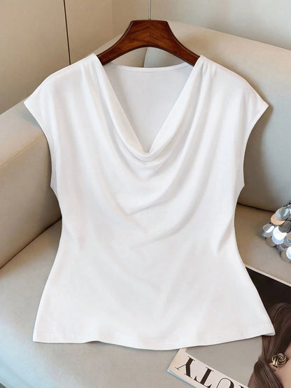 Elenzga Plus Size Women's Solid Color Draped Neck Pleated Sleeveless Casual T-Shirt Summer