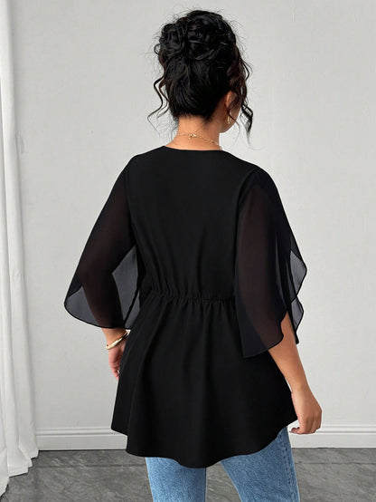Elenzga Plus Size Women Solid Color Contrast Lace Deep V-Neck Petal Short Sleeve Chiffon Blouse