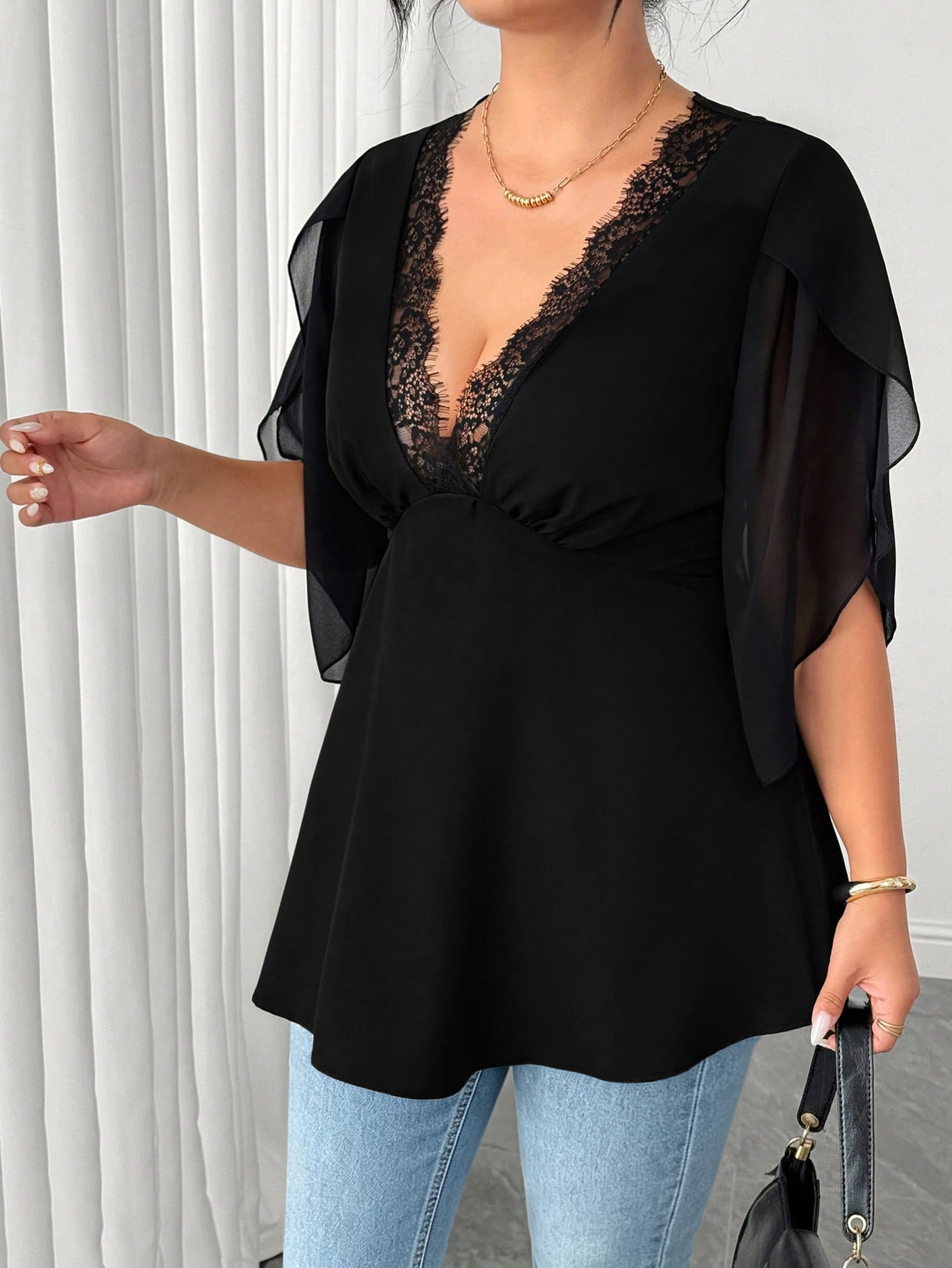 Elenzga Plus Size Women Solid Color Contrast Lace Deep V-Neck Petal Short Sleeve Chiffon Blouse
