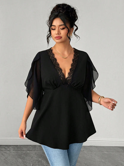 Elenzga Plus Size Women Solid Color Contrast Lace Deep V-Neck Petal Short Sleeve Chiffon Blouse
