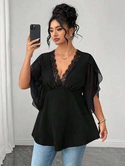 Elenzga Plus Size Women Solid Color Contrast Lace Deep V-Neck Petal Short Sleeve Chiffon Blouse