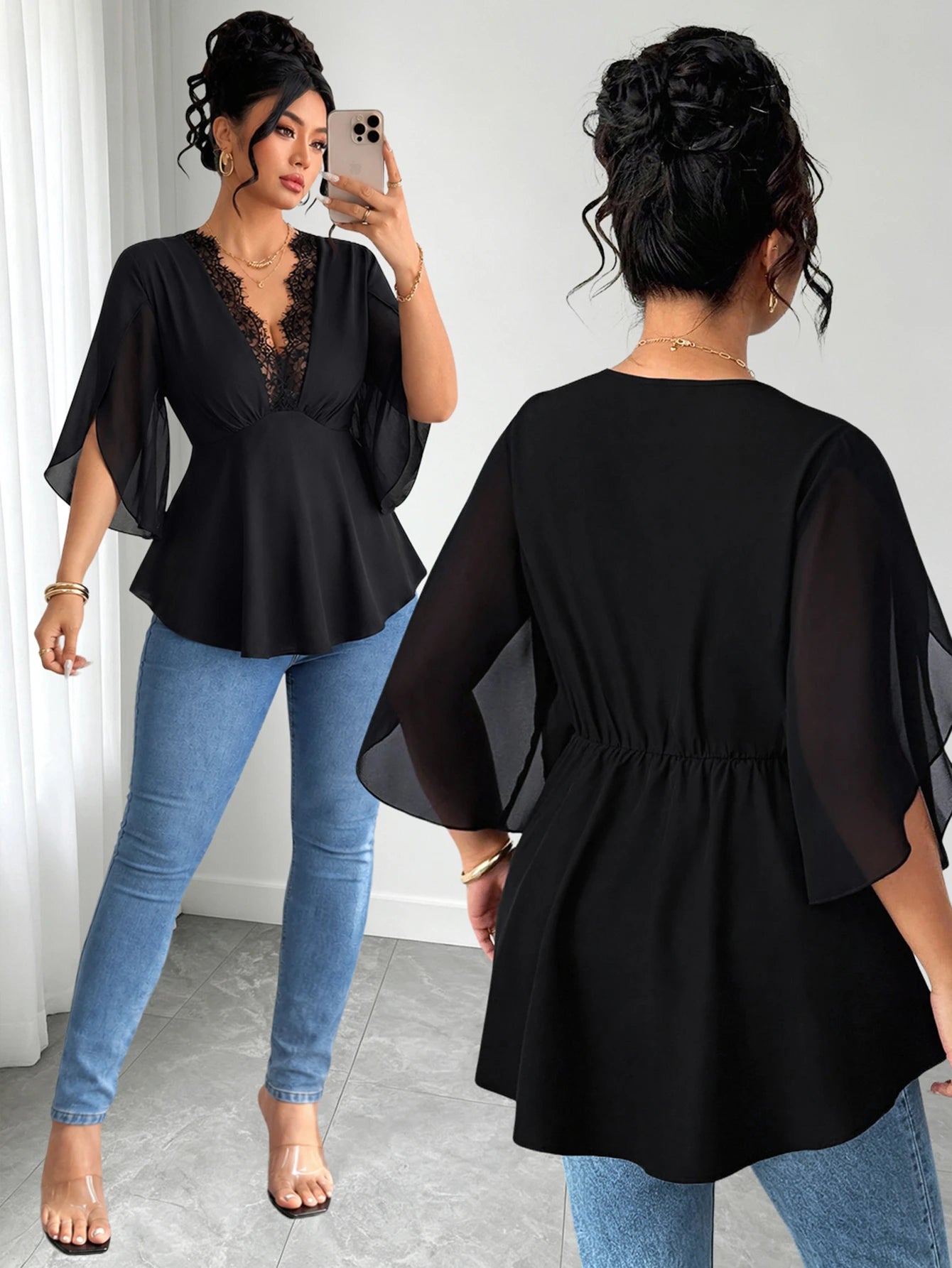 Elenzga Plus Size Women Solid Color Contrast Lace Deep V-Neck Petal Short Sleeve Chiffon Blouse