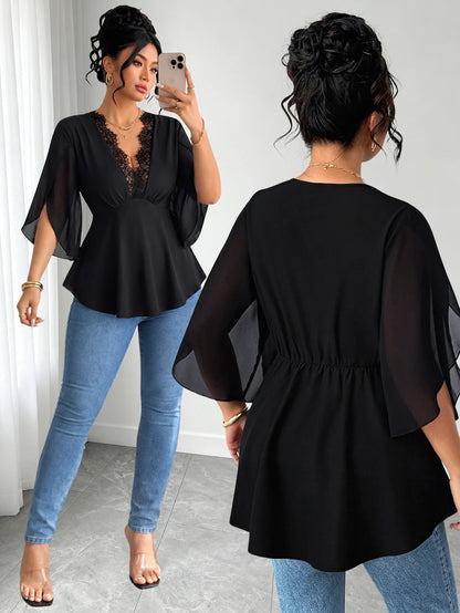 Elenzga Plus Size Women Solid Color Contrast Lace Deep V-Neck Petal Short Sleeve Chiffon Blouse
