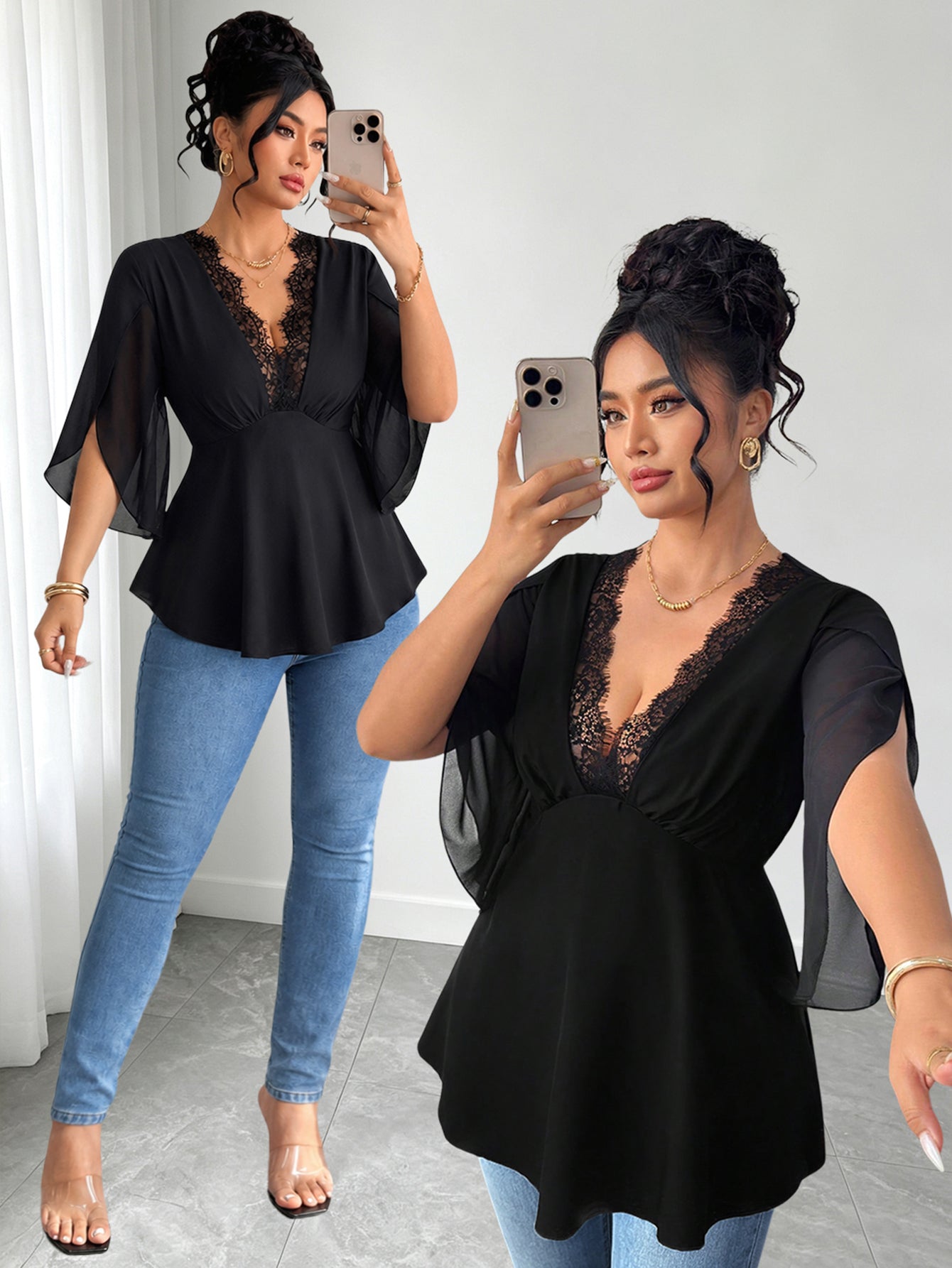 Elenzga Plus Size Women Solid Color Contrast Lace Deep V-Neck Petal Short Sleeve Chiffon Blouse