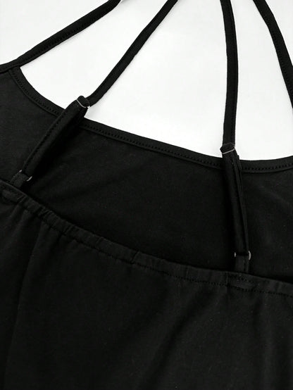 Elenzga Plus Size Women Solid Color Halter Neck Fitted Casual Top