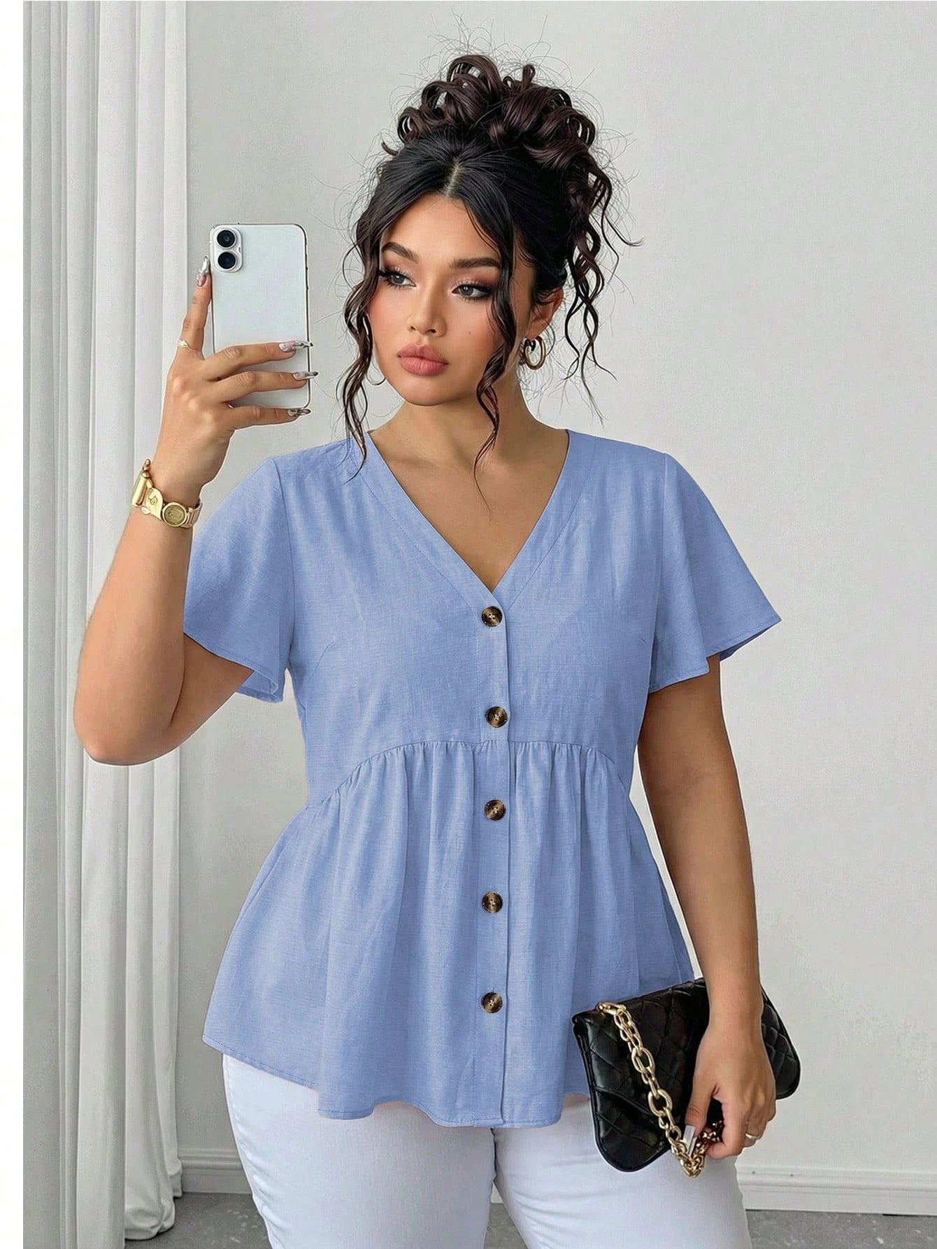Elenzga Plus Size Women Solid Color Single-Breasted Short Sleeve Bamboo Knot Doll Collar Blouse