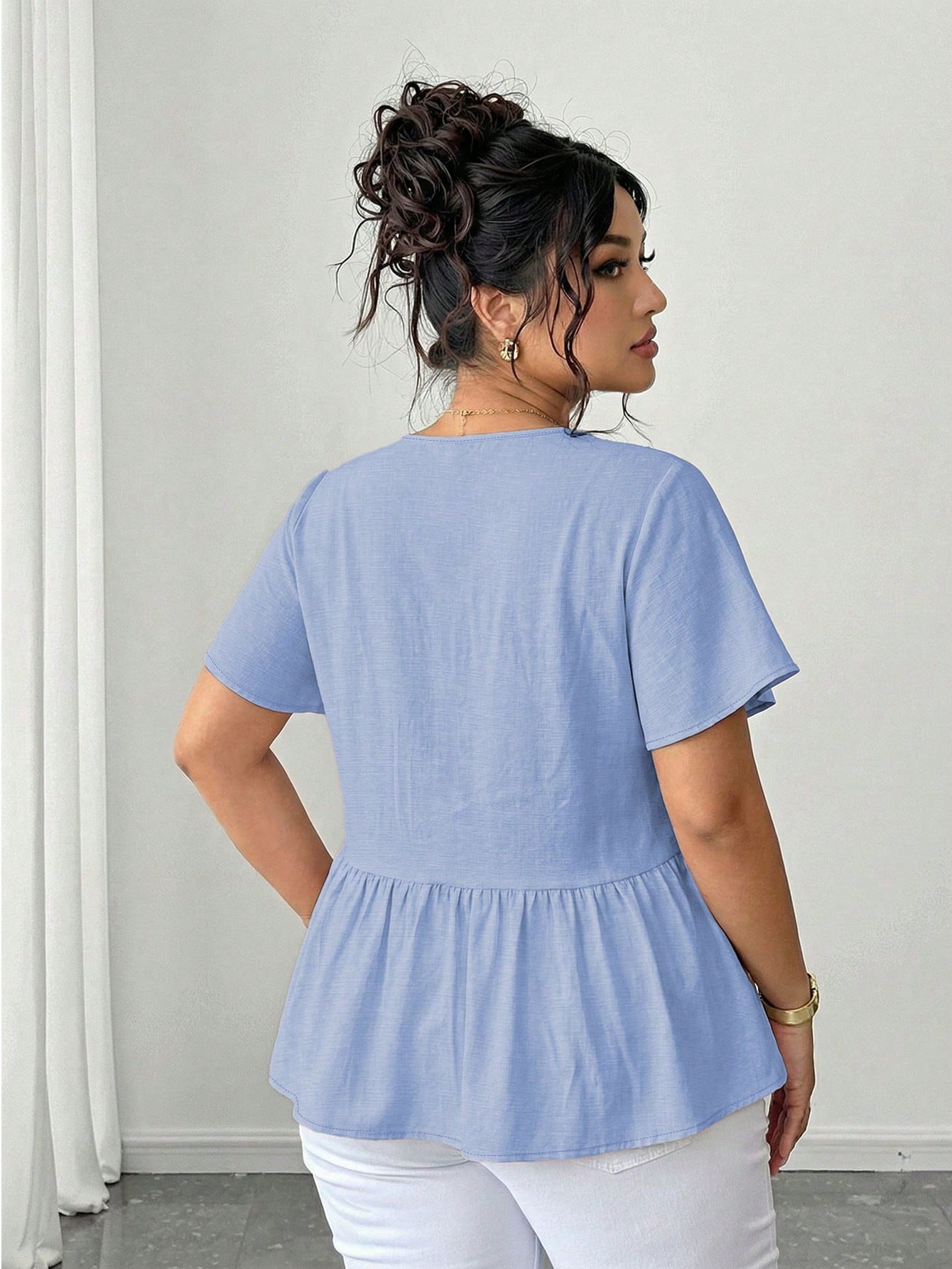 Elenzga Plus Size Women Solid Color Single-Breasted Short Sleeve Bamboo Knot Doll Collar Blouse