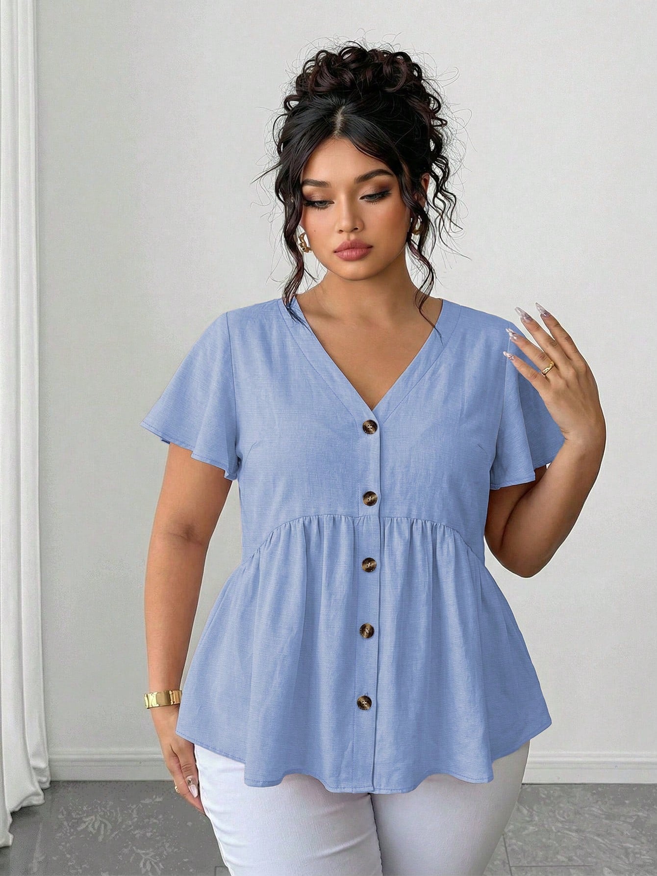 Elenzga Plus Size Women Solid Color Single-Breasted Short Sleeve Bamboo Knot Doll Collar Blouse