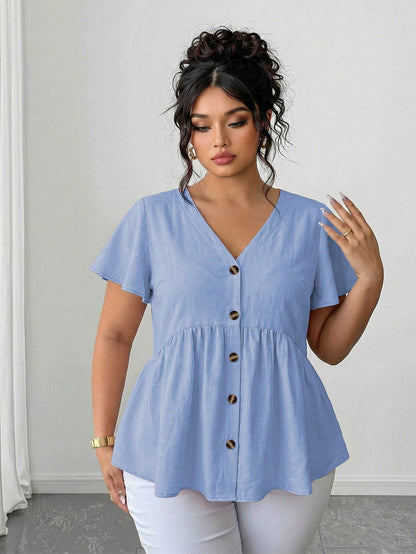 Elenzga Plus Size Women Solid Color Single-Breasted Short Sleeve Bamboo Knot Doll Collar Blouse