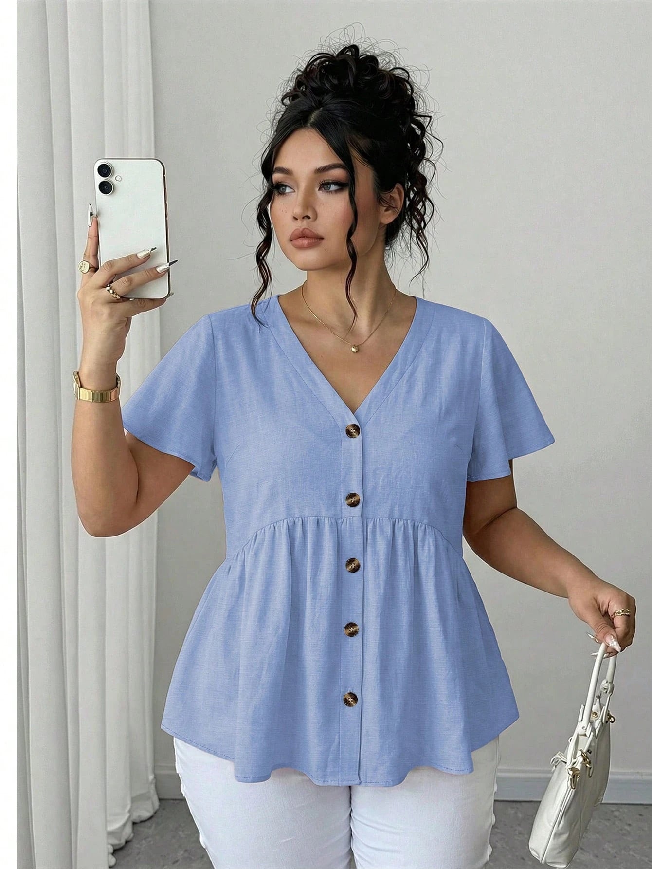 Elenzga Plus Size Women Solid Color Single-Breasted Short Sleeve Bamboo Knot Doll Collar Blouse