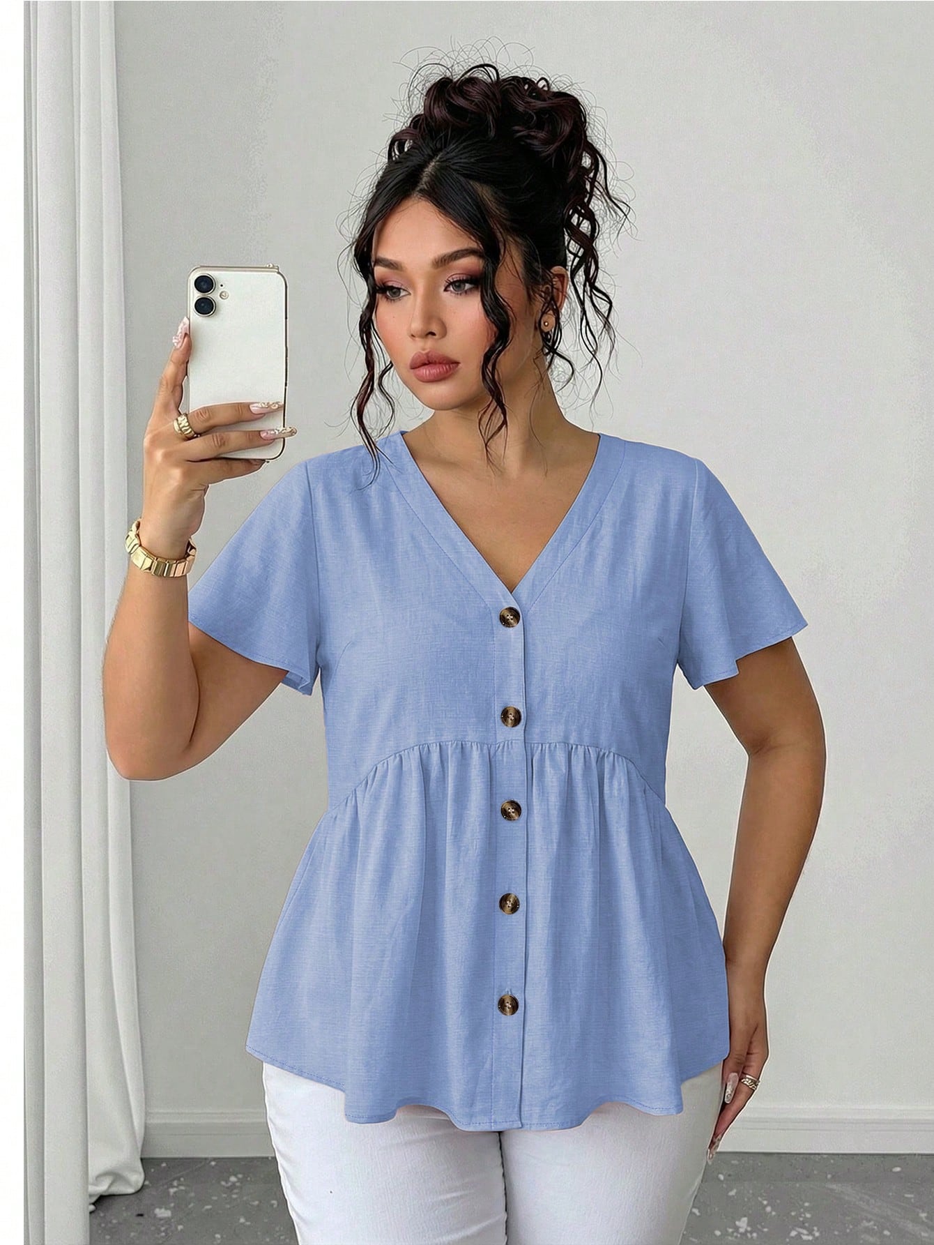 Elenzga Plus Size Women Solid Color Single-Breasted Short Sleeve Bamboo Knot Doll Collar Blouse
