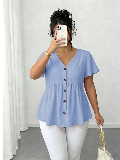 Elenzga Plus Size Women Solid Color Single-Breasted Short Sleeve Bamboo Knot Doll Collar Blouse