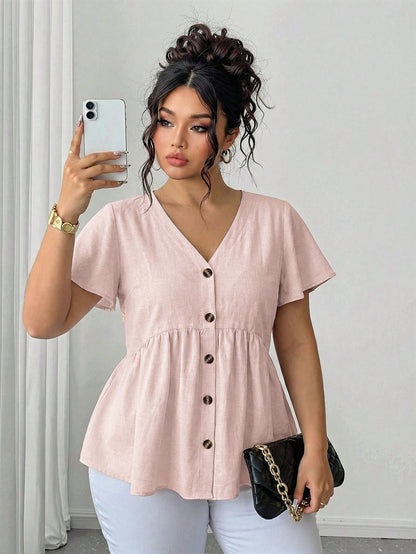 Elenzga Plus Size Women Solid Color Single-Breasted Short Sleeve Bamboo Knot Doll Collar Blouse