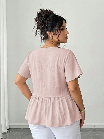 Elenzga Plus Size Women Solid Color Single-Breasted Short Sleeve Bamboo Knot Doll Collar Blouse