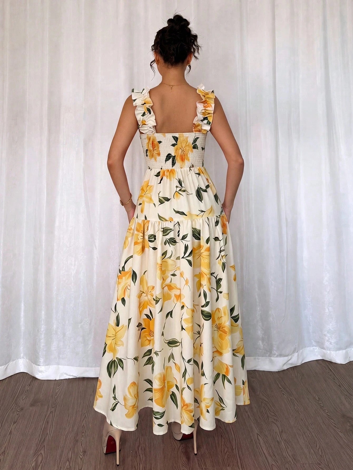 Elenzga Printed Random Cut, Ruffled Romantic Floral Yellow & White Square Neck Cinched Waist A-Line Sleeveless Slip Dress, Spring/Summer