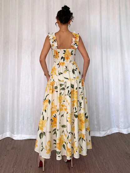 Elenzga Printed Random Cut, Ruffled Romantic Floral Yellow & White Square Neck Cinched Waist A-Line Sleeveless Slip Dress, Spring/Summer