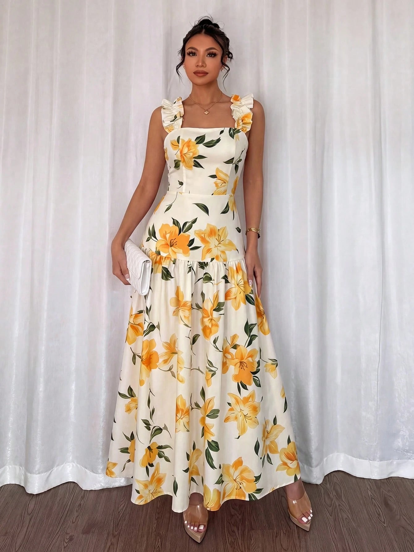 Elenzga Printed Random Cut, Ruffled Romantic Floral Yellow & White Square Neck Cinched Waist A-Line Sleeveless Slip Dress, Spring/Summer