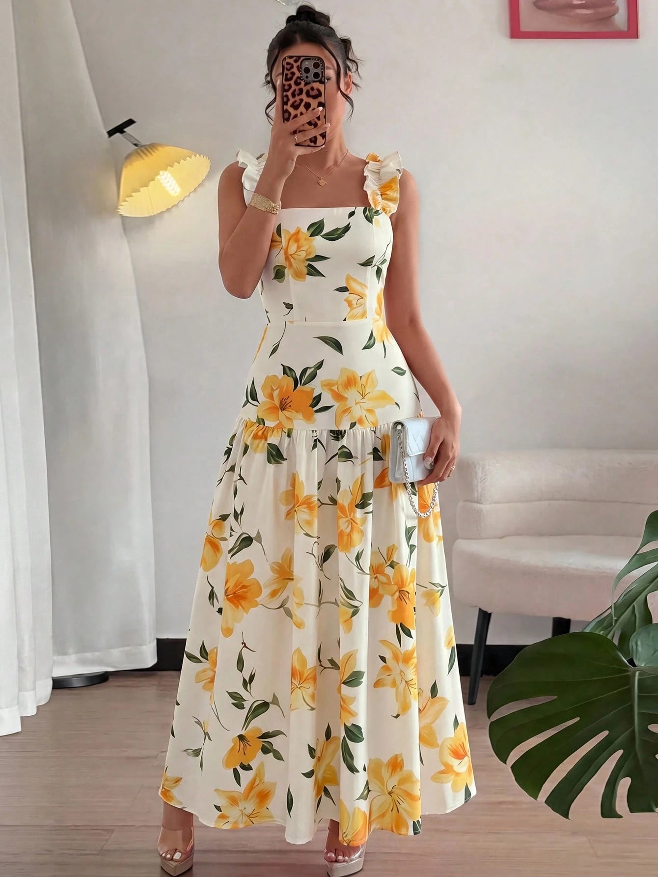 Elenzga Printed Random Cut, Ruffled Romantic Floral Yellow & White Square Neck Cinched Waist A-Line Sleeveless Slip Dress, Spring/Summer