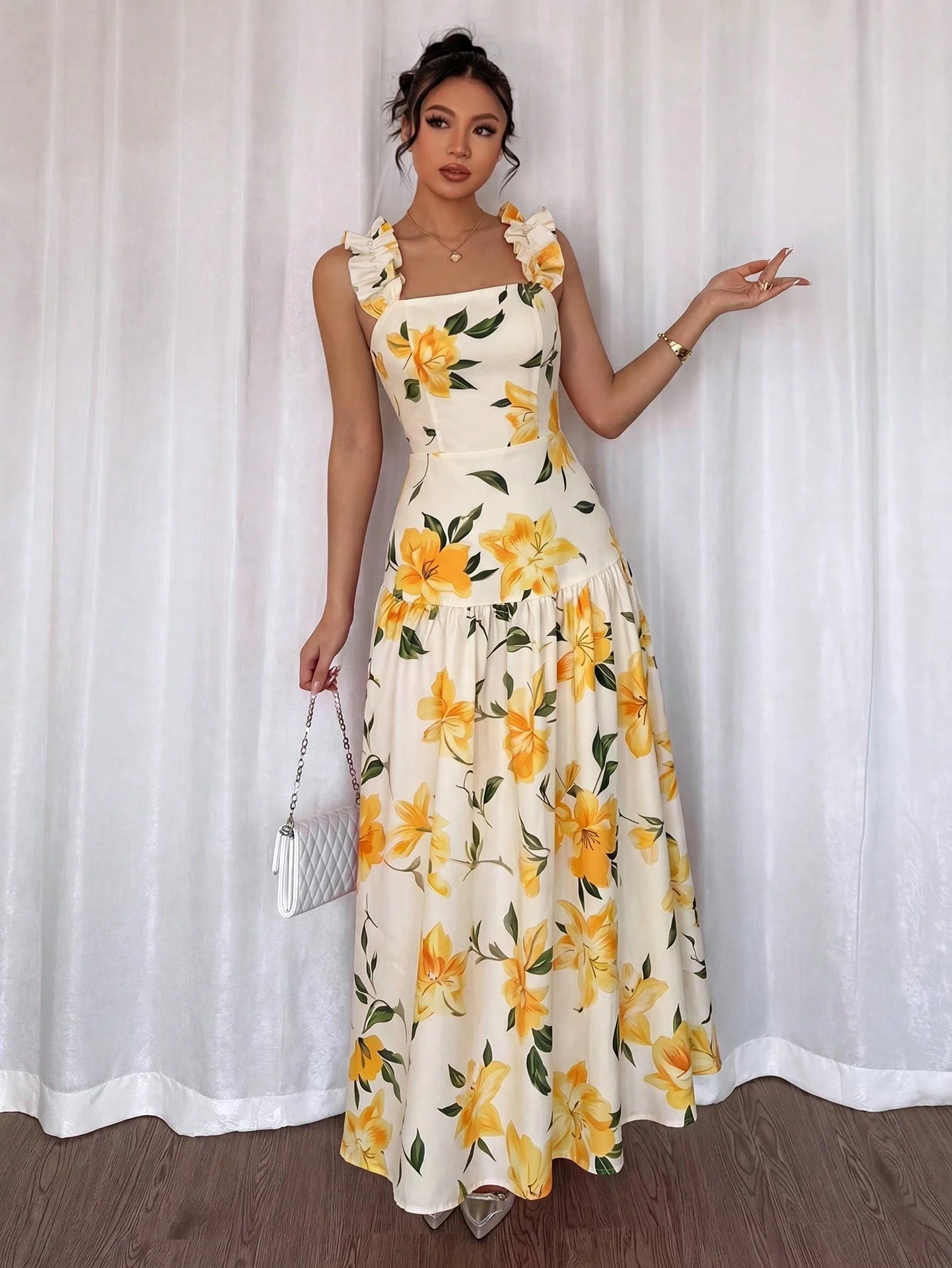 Elenzga Printed Random Cut, Ruffled Romantic Floral Yellow & White Square Neck Cinched Waist A-Line Sleeveless Slip Dress, Spring/Summer
