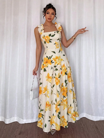 Elenzga Printed Random Cut, Ruffled Romantic Floral Yellow & White Square Neck Cinched Waist A-Line Sleeveless Slip Dress, Spring/Summer