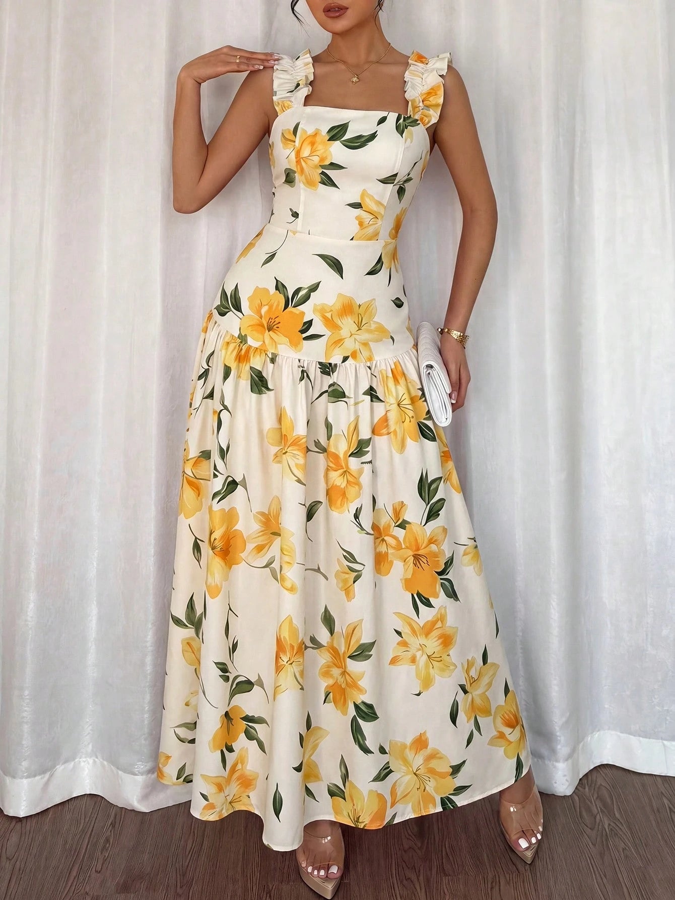 Elenzga Printed Random Cut, Ruffled Romantic Floral Yellow & White Square Neck Cinched Waist A-Line Sleeveless Slip Dress, Spring/Summer