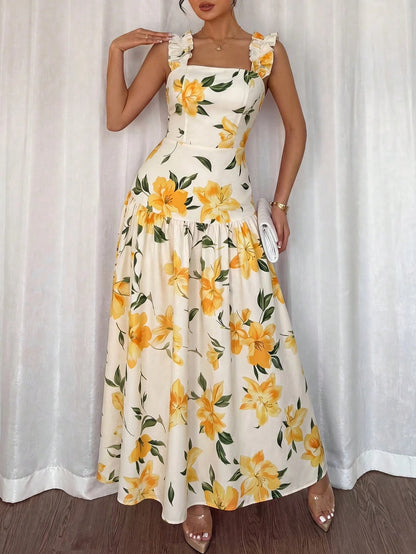 Elenzga Printed Random Cut, Ruffled Romantic Floral Yellow & White Square Neck Cinched Waist A-Line Sleeveless Slip Dress, Spring/Summer