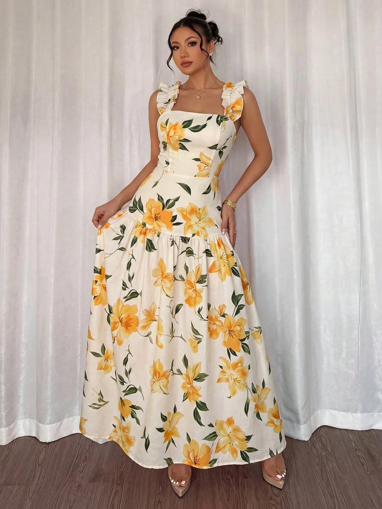 Elenzga Printed Random Cut, Ruffled Romantic Floral Yellow & White Square Neck Cinched Waist A-Line Sleeveless Slip Dress, Spring/Summer