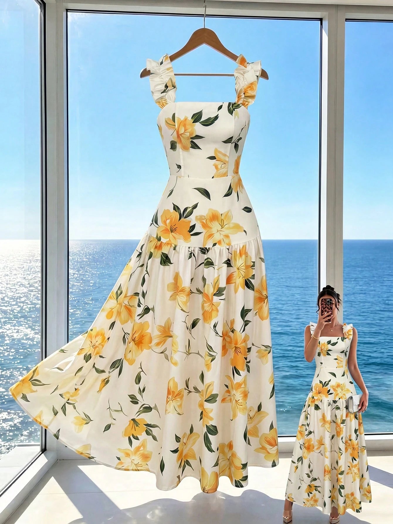 Elenzga Printed Random Cut, Ruffled Romantic Floral Yellow & White Square Neck Cinched Waist A-Line Sleeveless Slip Dress, Spring/Summer