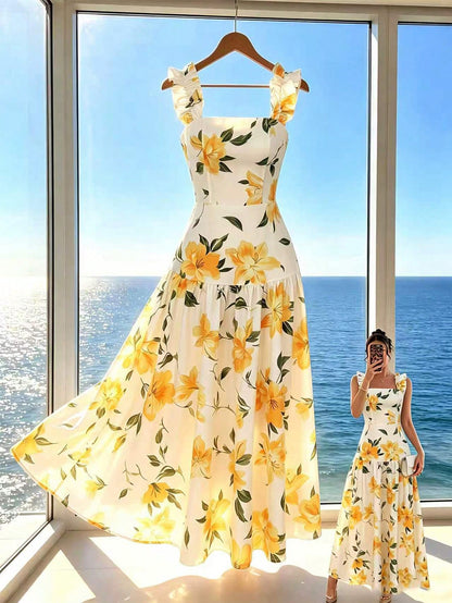 Elenzga Printed Random Cut, Ruffled Romantic Floral Yellow & White Square Neck Cinched Waist A-Line Sleeveless Slip Dress, Spring/Summer