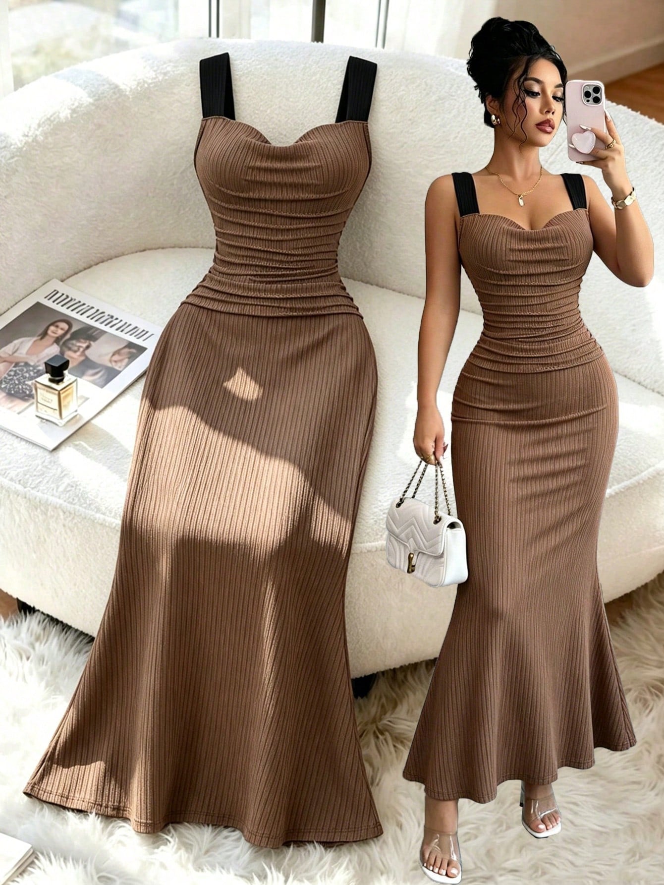 Elenzga Summer Fashion Design Knit Cami Dress With Wide Strap, Flared Neckline, Slimming Fit, Elegant Long Dress