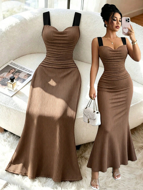 Elenzga Summer Fashion Design Knit Cami Dress With Wide Strap, Flared Neckline, Slimming Fit, Elegant Long Dress
