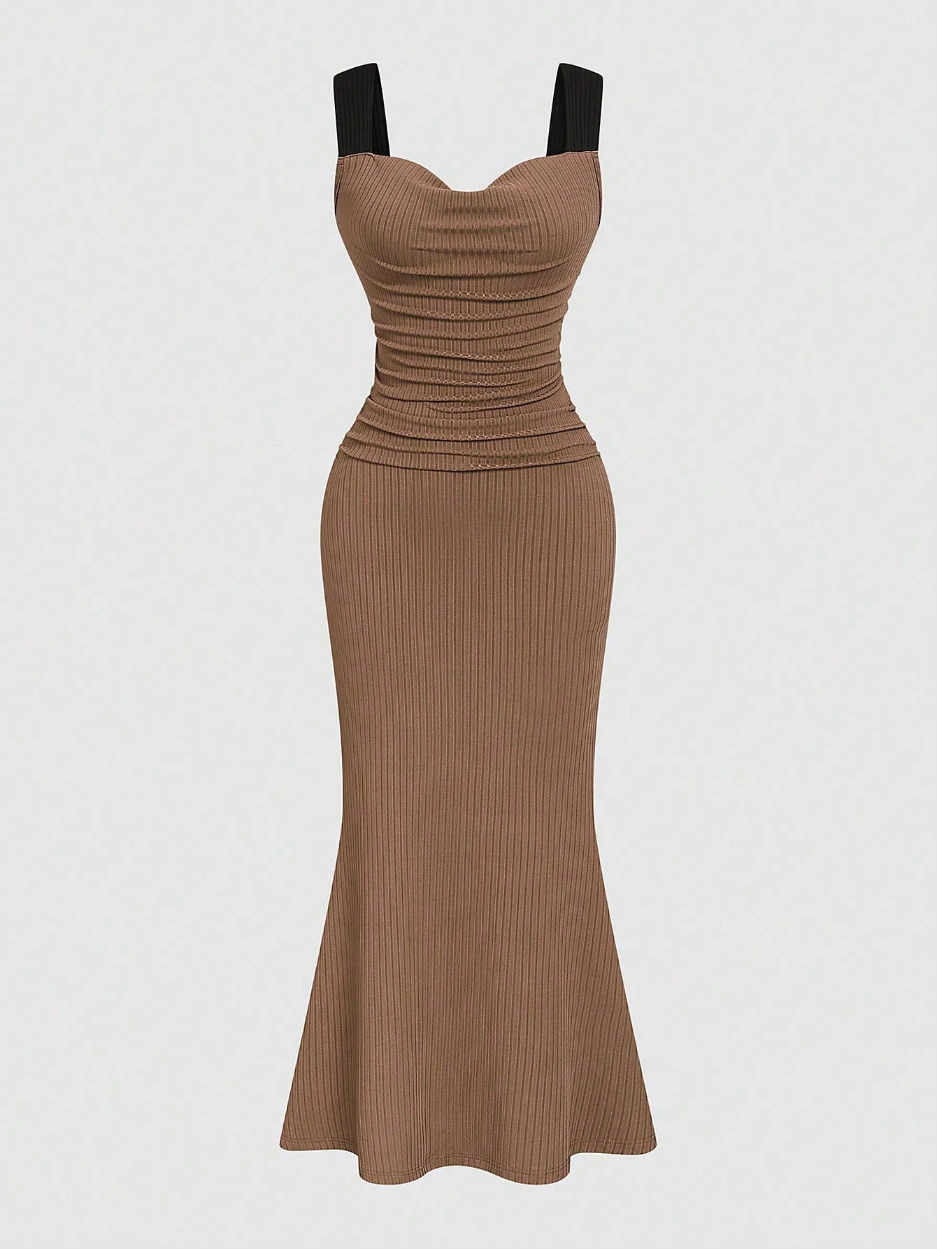 Elenzga Summer Fashion Design Knit Cami Dress With Wide Strap, Flared Neckline, Slimming Fit, Elegant Long Dress