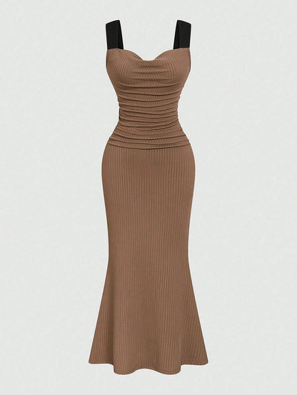 Elenzga Summer Fashion Design Knit Cami Dress With Wide Strap, Flared Neckline, Slimming Fit, Elegant Long Dress