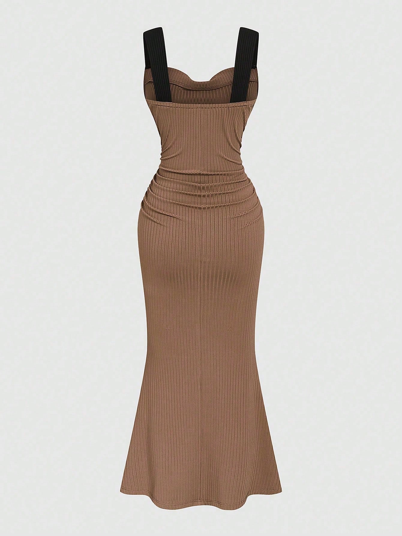 Elenzga Summer Fashion Design Knit Cami Dress With Wide Strap, Flared Neckline, Slimming Fit, Elegant Long Dress