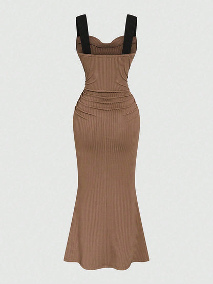 Elenzga Summer Fashion Design Knit Cami Dress With Wide Strap, Flared Neckline, Slimming Fit, Elegant Long Dress