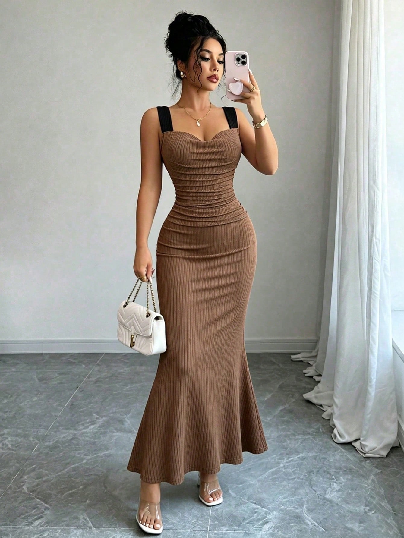 Elenzga Summer Fashion Design Knit Cami Dress With Wide Strap, Flared Neckline, Slimming Fit, Elegant Long Dress