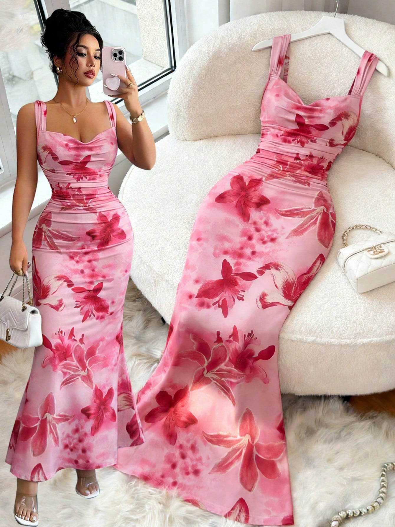 Elenzga Summer Fashion Design Knit Cami Dress With Wide Strap, Flared Neckline, Slimming Fit, Elegant Long Dress