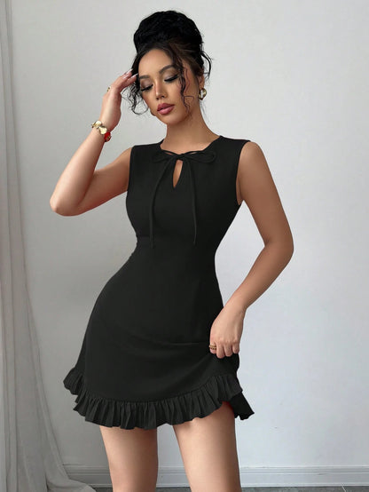 Elenzga Women Black Summer Elegant Round Neck Bowknot Design Sleeveless Fitted Hem Splice Pleated Mini Dress,Versatile Commuting Date Party Refined Dress