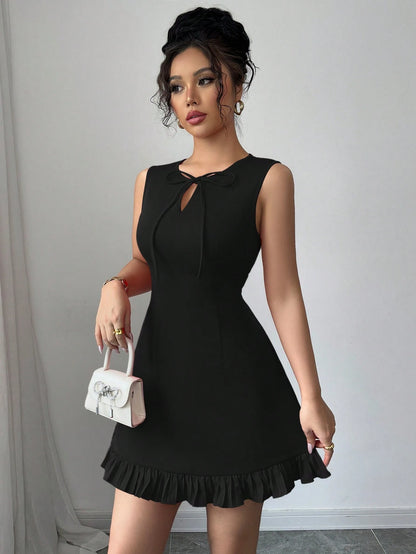 Elenzga Women Black Summer Elegant Round Neck Bowknot Design Sleeveless Fitted Hem Splice Pleated Mini Dress,Versatile Commuting Date Party Refined Dress
